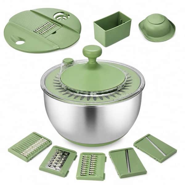 Large Stainless Steel Salad Spinner with 5-in-1 Cutting Blades, Egg Separator and Non-Slip Base
