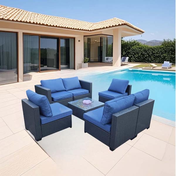 Unbranded 7-Piece Wicker Outdoor Conversation Set With Blue Cushion Coffee Table, All Weather Patio Furniture Sectional Sofa Set