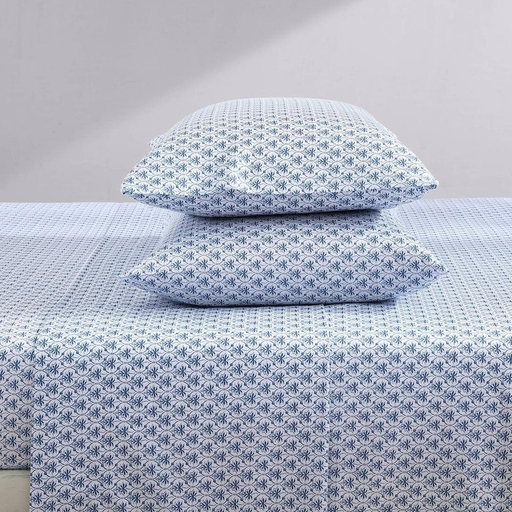 Blue Cotton Sateen Queen Sheet Set with Floral Print