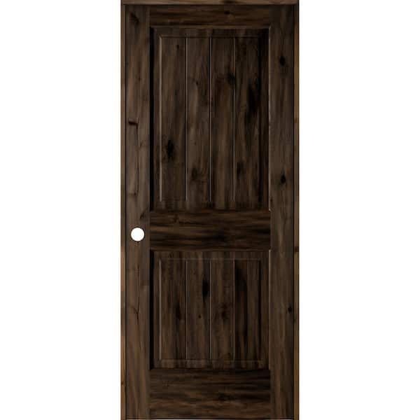 Krosswood Doors 32 in. x 80 in. Knotty Alder 2 Panel Right-Hand Square Top V-Groove Black Stain Solid Wood Single Prehung Interior Door
