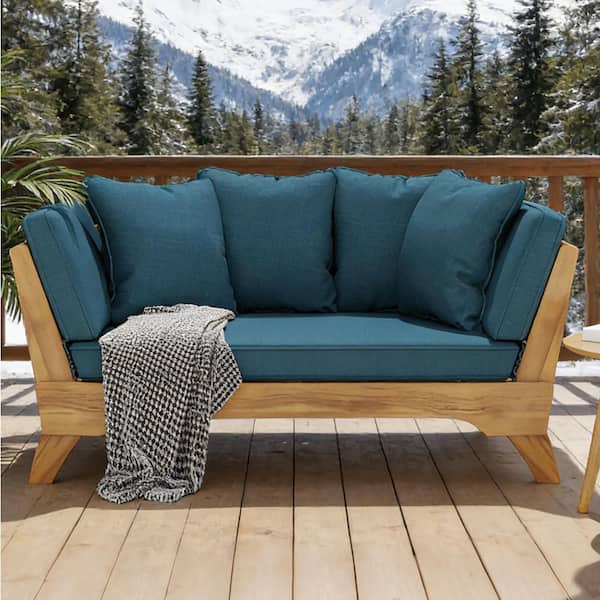 1-Piece Wood Outdoor Couch with Blue Cushions