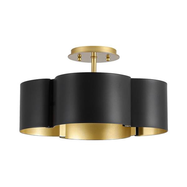 HUOKU Crucero 14.2 in. 4-Light Gloss Black Gold Flower Drum Semi