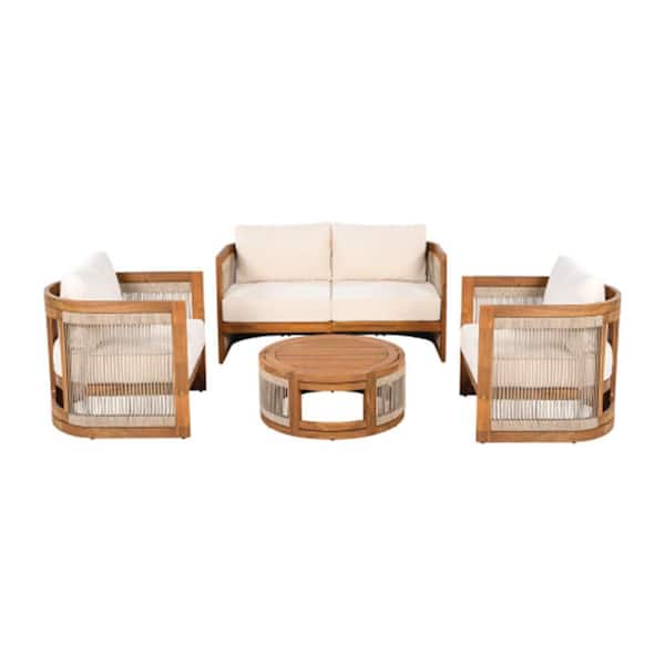 4-Piece Premium Acacia Wood Curved Tub Patio Seating Set with Water-Resistant Cushions & Woven Rope Accents for Outdoor