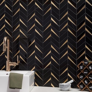 Love Lane Nero 13.3 in. x 10.82 in. Polished Marble and Brass Wall Mosaic Tile (0.99 sq. ft./Each)
