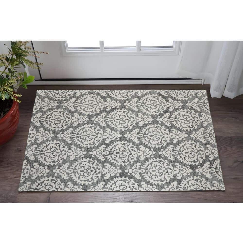 2' X 3' Gray Ivory And Black Floral Hand Tufted Area Rug price history on PriceWatchPro
