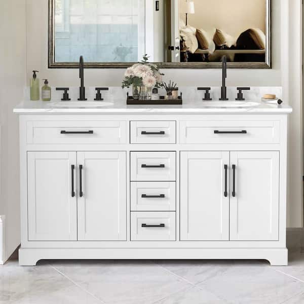 Aweyoto Washington 60 in. W x 21.5 in. D x 35 in. H Double Sink Freestanding Bath Vanity in White with White Carrara Marble Top