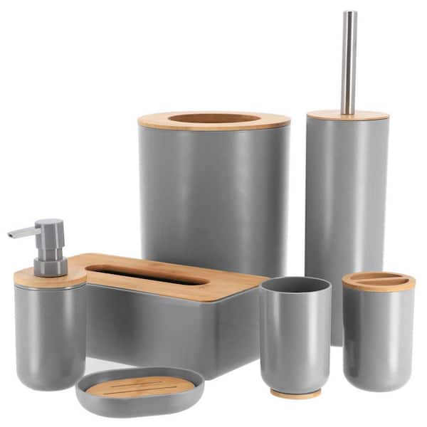 EVIDECO French home goods Padang 7-Pieces Bath Accessory Set with Soap Pump, Tumbler, Soap Dish and Toilet Brush Holder in PVC Grey and Bamboo