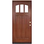 36 in. x 80 in. Craftsman 3 Lite Arch Stained Mahogany Wood Prehung Front Door