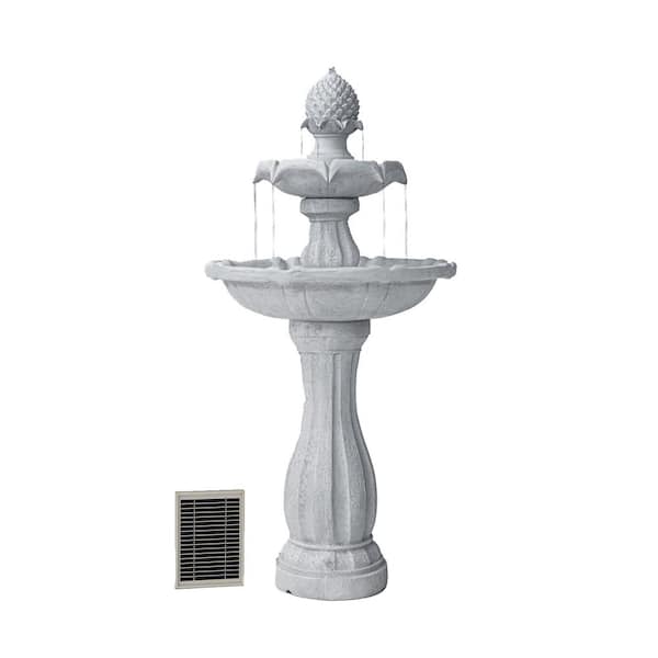 XBRAND 44 in. H Fiberglass/Resin 2-Tier Solar Water Fountain w/Solar Panel and Auto-Shut Off Pump, Solar Garden Fountain, White