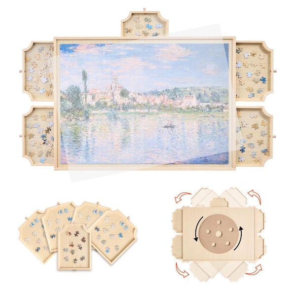 VEVOR 1000 Piece Puzzle Board with 6 Drawers and Cover 29 x 21.6 in. Rotating Wooden Jigsaw Puzzle Plateau