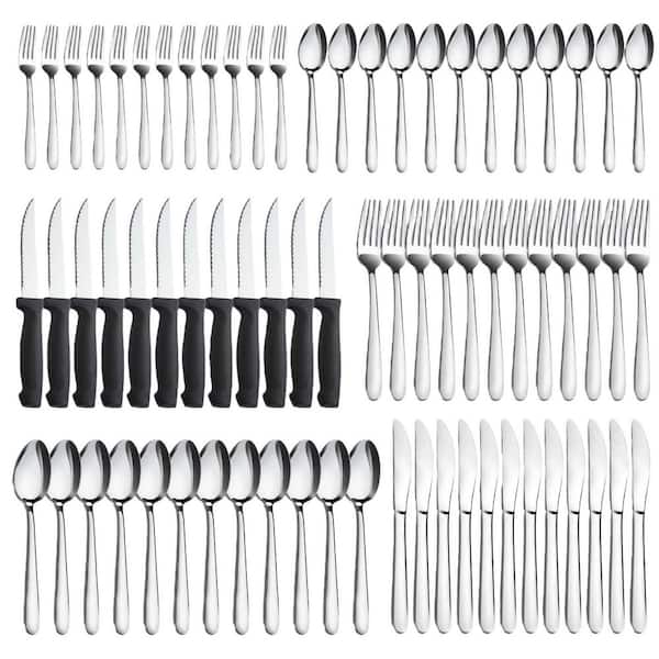 72-Piece Silver Stainless Steel Silverware Set with Steak Knives Forks Spoons, Knives Set, Dishwasher Safe Utensil Sets