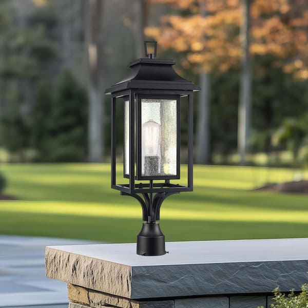 Bel Air Lighting Bosque 23.375 in. 1-Light Black Metal Hardwired Outdoor Weather Resistant Post Light Fixture with No Bulbs Included