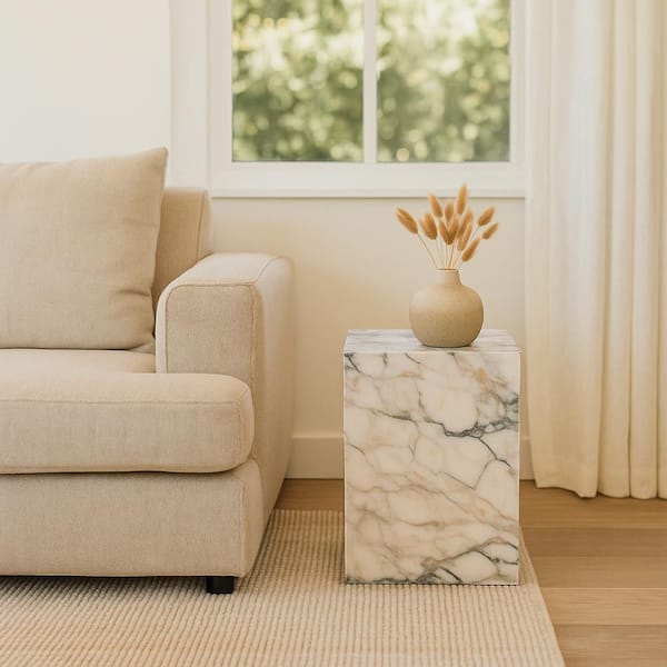 Rey 15 in. Natural Viola Purple Square Marble Side End Table with Pedestal Base