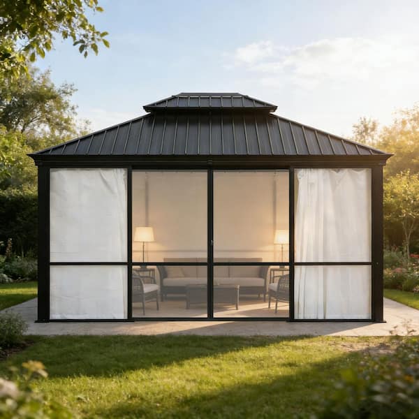 12 ft. x 10 ft. Sunroom Hardtop Gazebo Solarium with Double Roof, Solid PC, and Sliding Lockable Doors