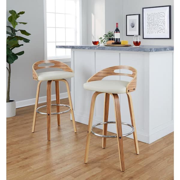 Lumisource Cassis 29.5 in. Cream Faux Leather, Zebra Wood and Chrome Metal Fixed-Height Bar Stool (Set of 2)