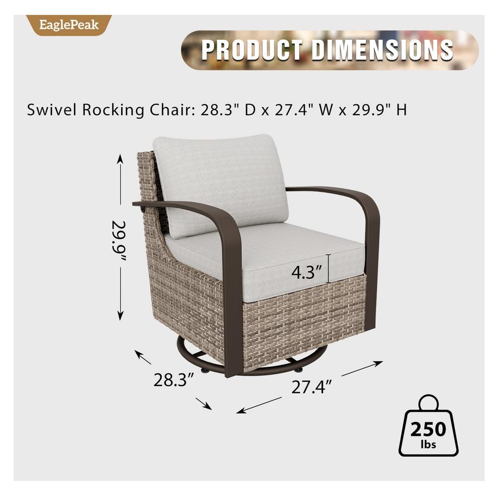 Beige and Brown Steel Wicker Swivel Rocking Chair with Cushions