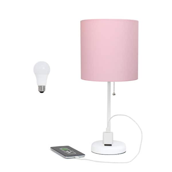 Creekwood home 19.5 in. Contemporary Bedside Power Outlet Base Standard Metal Table Desk Lamp in White, Pink Shade, with LED Bulb