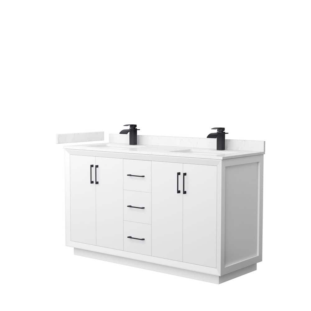 Wyndham Collection Strada 60 in. W x 22 in. D x 35 in. H Double Bath Vanity in White with Carrara Cultured Marble Top, White with Matte Black Trim -  WCF414160DWBC2UNSMXX