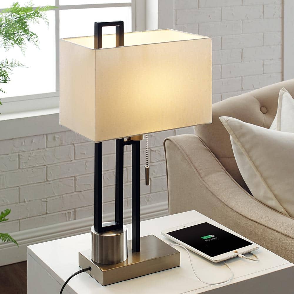 Matte Black and Brushed Nickel Table Lamp with USB Port and White Linen Shade