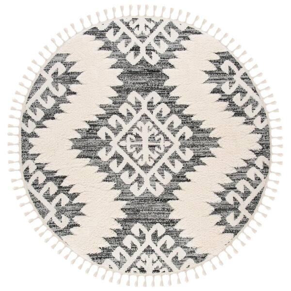 Moroccan Tassel Shag 11 ft. ft. x 11 ft. Ivory/Gray Tribal MTS652F Round Rug