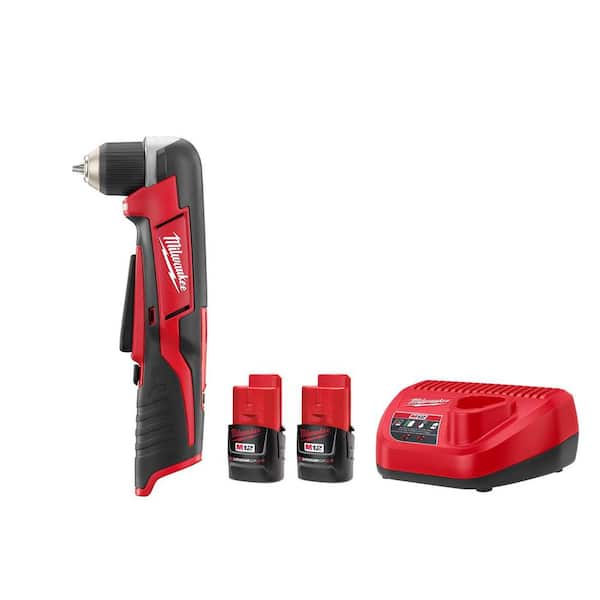 M12 12V Lithium-Ion Cordless 3/8 in. Right Angle Drill with M12 2.0 Ah Battery (2 Pack) and Charger