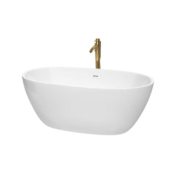 Wyndham Collection Juno 59 in. Acrylic Flatbottom Bathtub in White with Shiny White Trim and Brushed Gold Faucet