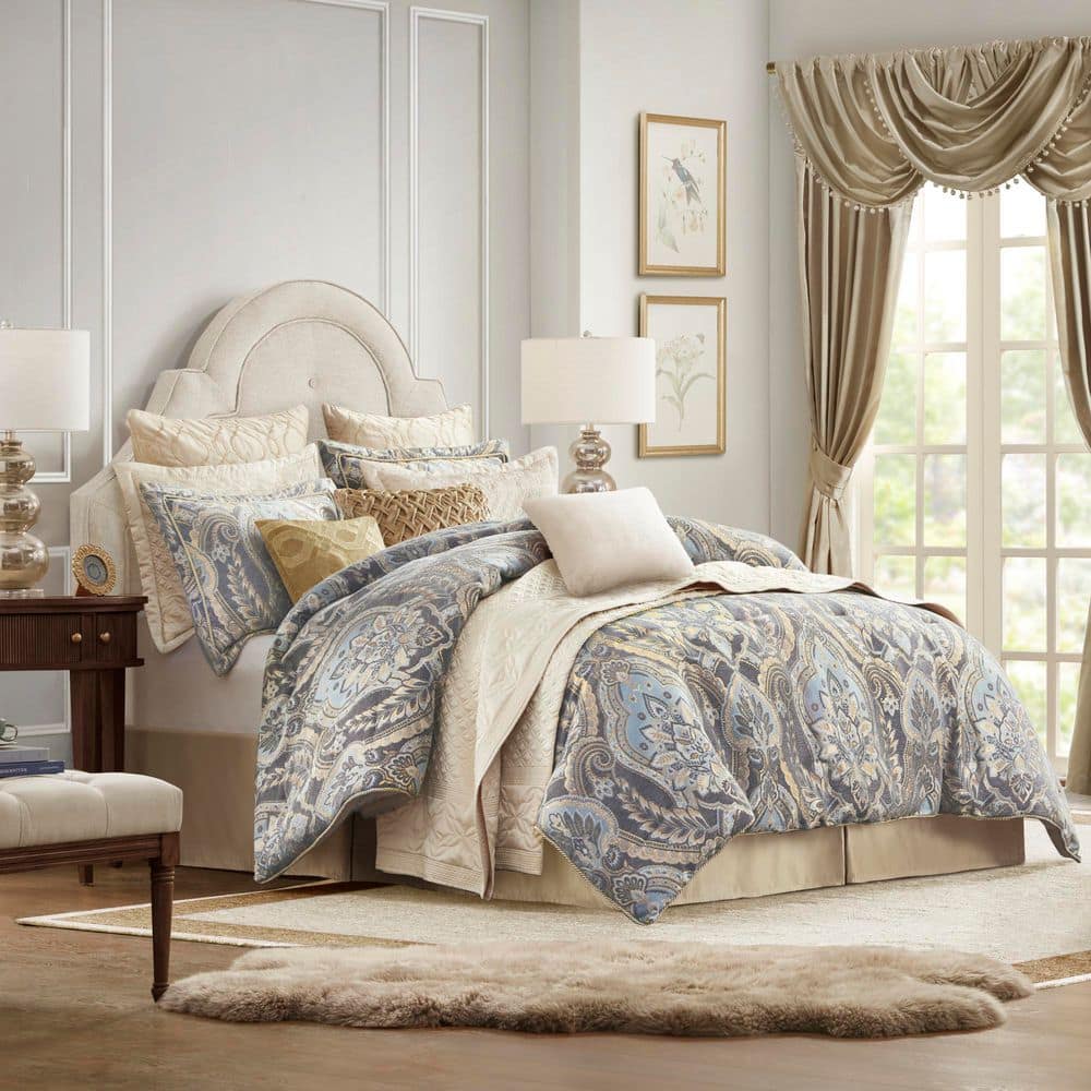 Julius Queen Taupe and Blue Microfiber Comforter Set