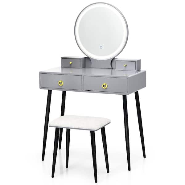 Costway Gray Armoire Vanity Makeup Dressing Table Stool Set 3-Color ighted Mirror W/Drawers 31'' x 16'' x 51.5'' (L x W x H)
