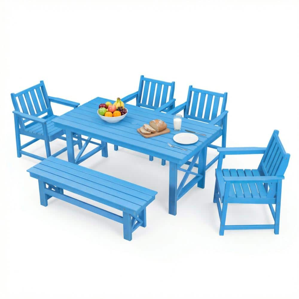 6-Piece HDPE Outdoor Dining Set, 4 Chairs 1 Bench and Rectangle Dining Table with Umbrella Hole, Blue price history on PriceWatchPro