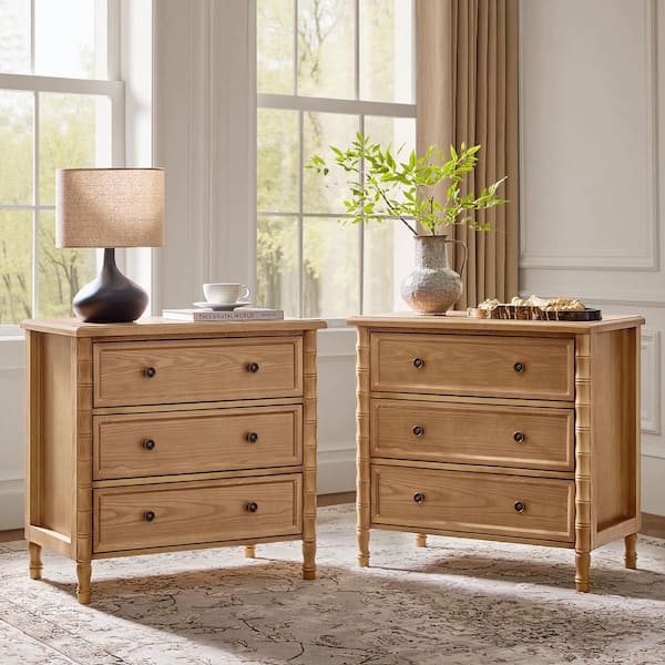 Fay Oak Transitional 3-Drawer 28 in. W Nightstand with Charging Station Set of 2