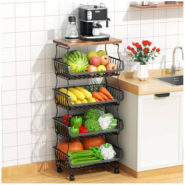 5-Tier Rolling Storage Cart Set, Metal Wood Top, Anti-Rust, Lockable Wheels, Detachable Baskets for Spring Storage