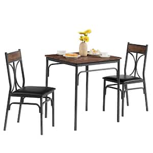 27.6 in. L 3-Piece Dining Table 1-Kitchen Table and 2-Chairs Metal and Wood Square Brown Dining Room Table (Set of 3)