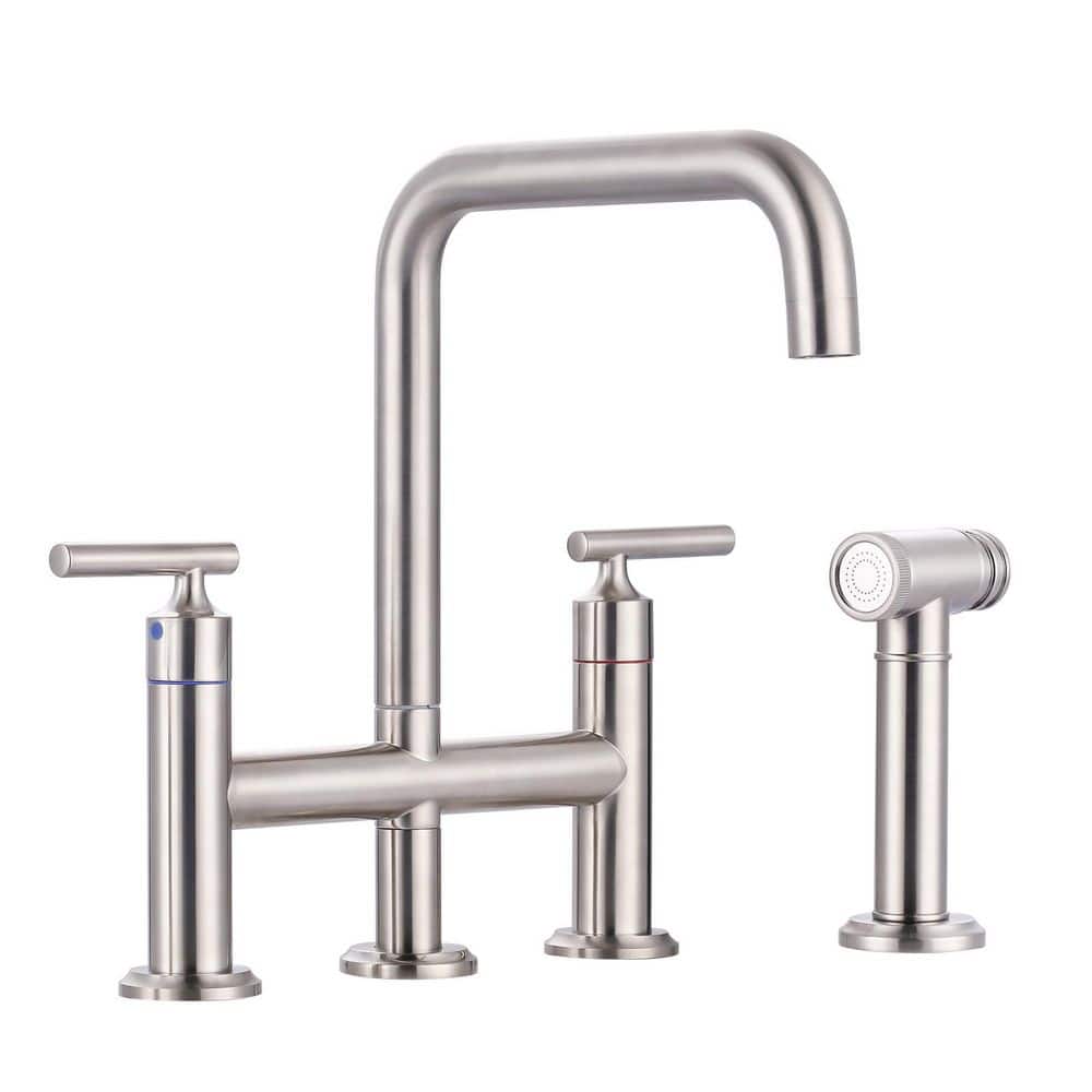 Brass Double Handle Bridge Kitchen Faucet, Deck Mount Kitchen Sink Faucet with Side Sprayer in Brushed Nickel price history on PriceWatchPro