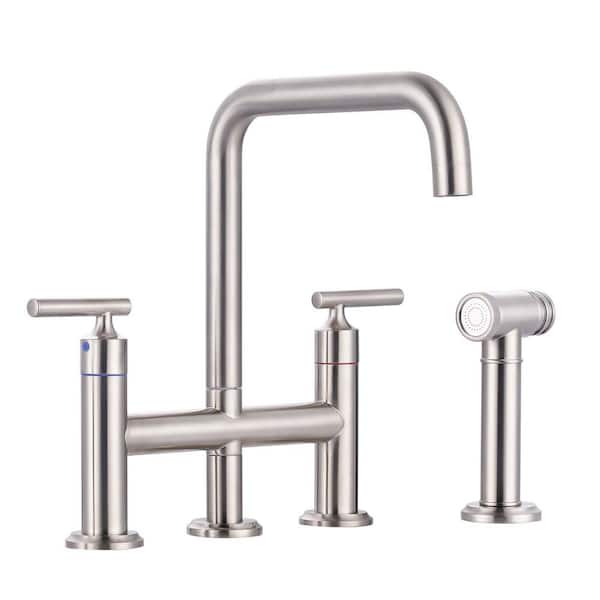 Brass Double Handle Bridge Kitchen Faucet, Deck Mount Kitchen Sink Faucet with Side Sprayer in Brushed Nickel