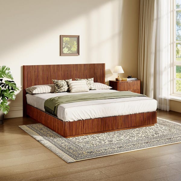 Lachlan Modern Walnut Brown Wooden Frame King Size Platform Bed with Headboard, LED Lighting