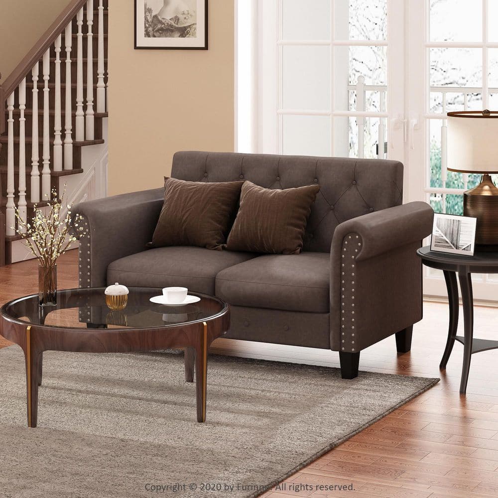 Bastia Brown Faux Leather Tufted Loveseat with Nailhead Trim