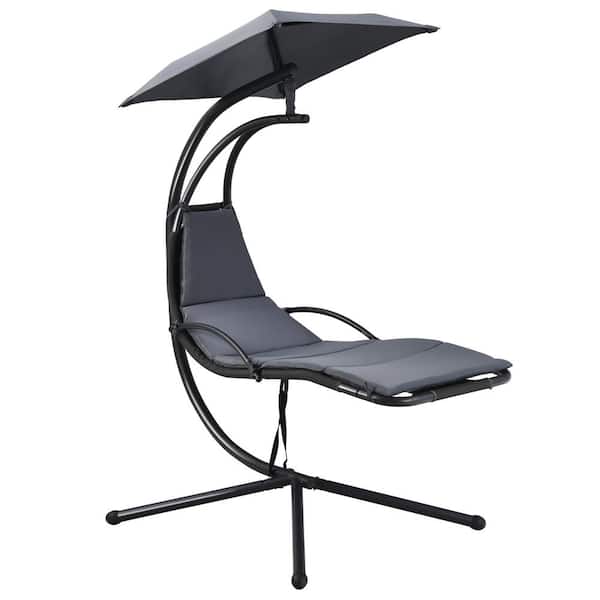 Costway Metal Outdoor Patio Chaise Lounge Chair with Gray Canopy Cushions