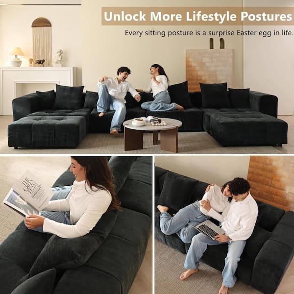 Modern 105 in. 2-Piece Linen Oversized Sectional Sofa Modular Couch Loveseat with Wide Seat in Black for Living Room