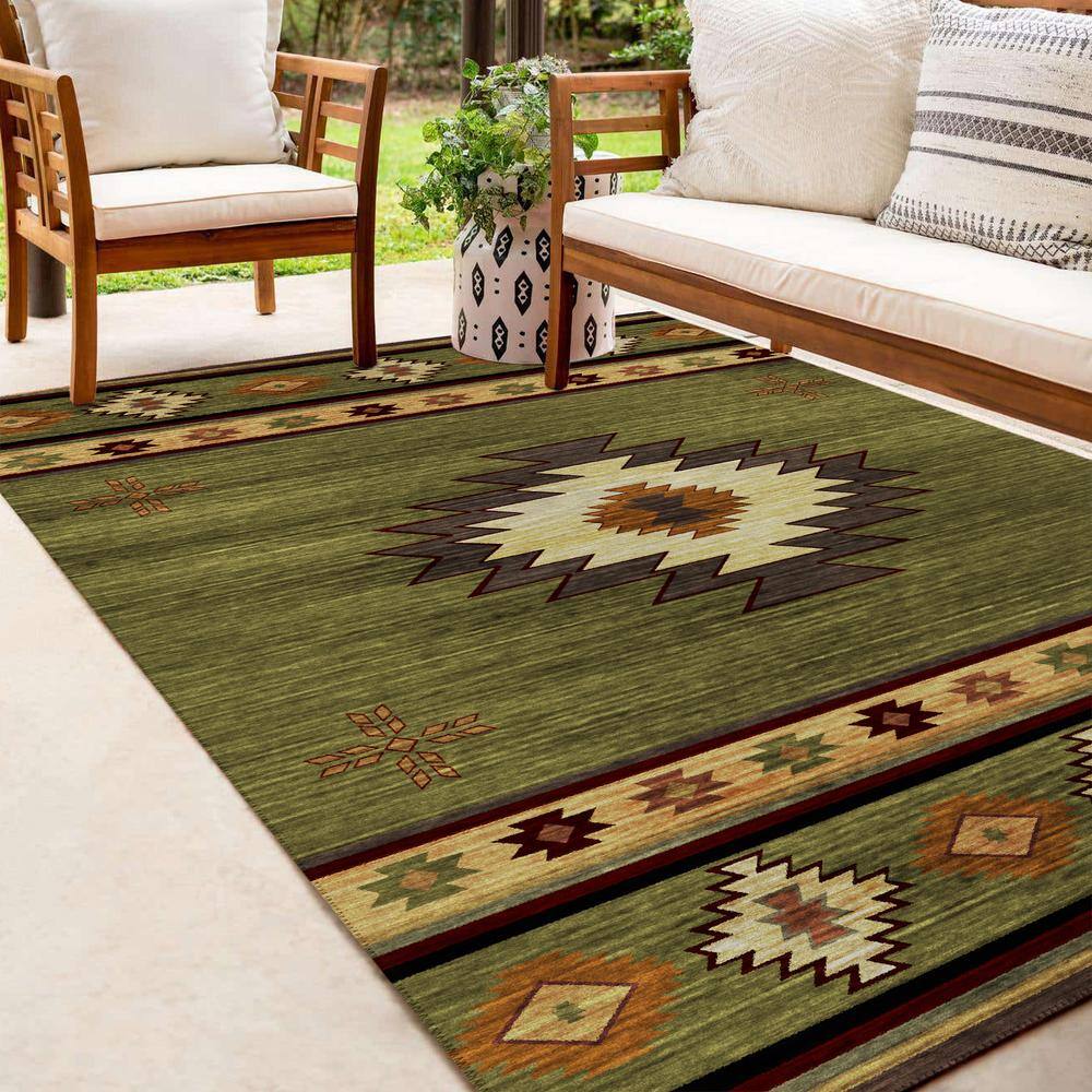 Sonora Green Southwestern Washable 10' x 14' Rug