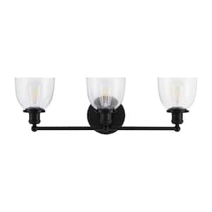 Evelyn 26.75 in. 3-Light Matte Black Industrial Vanity with Clear Glass Shades