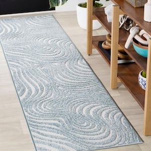 Maribo High-Low Abstract Groovy Striped Light Blue/Ivory 2 ft. x 8 ft. Indoor/Outdoor Runner Rug