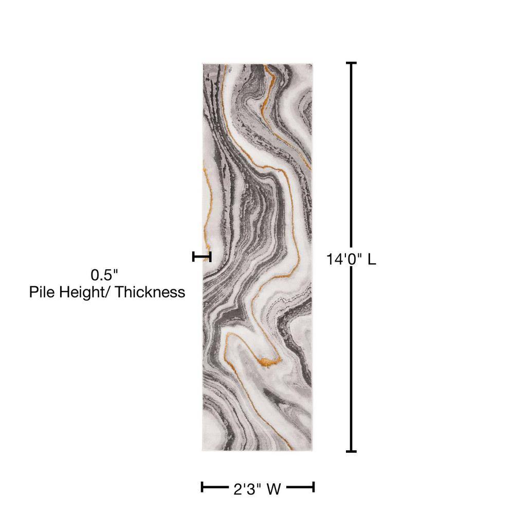 Grey and Gold Abstract Synthetic Area Rug, 27" x 14"