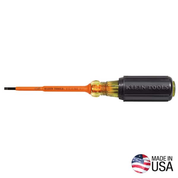 Klein Tools 1/8 in. Insulated Cabinet-Tip Flat Head Screwdriver with 4 in. Round Shank- Cushion Grip Handle