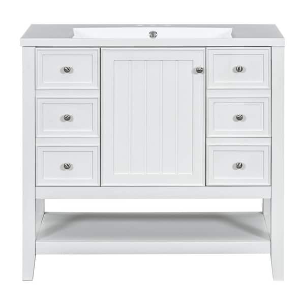 36 in. White Wood Rectangle Vessel Sink Bathroom Vanity Combo with One Cabinet and Three Drawers