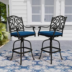 Black Swivel Cast Aluminum Retro Pattern Style Outdoor Bar Stool High Chair with Blue Cushion for Balcony (Set of 2)