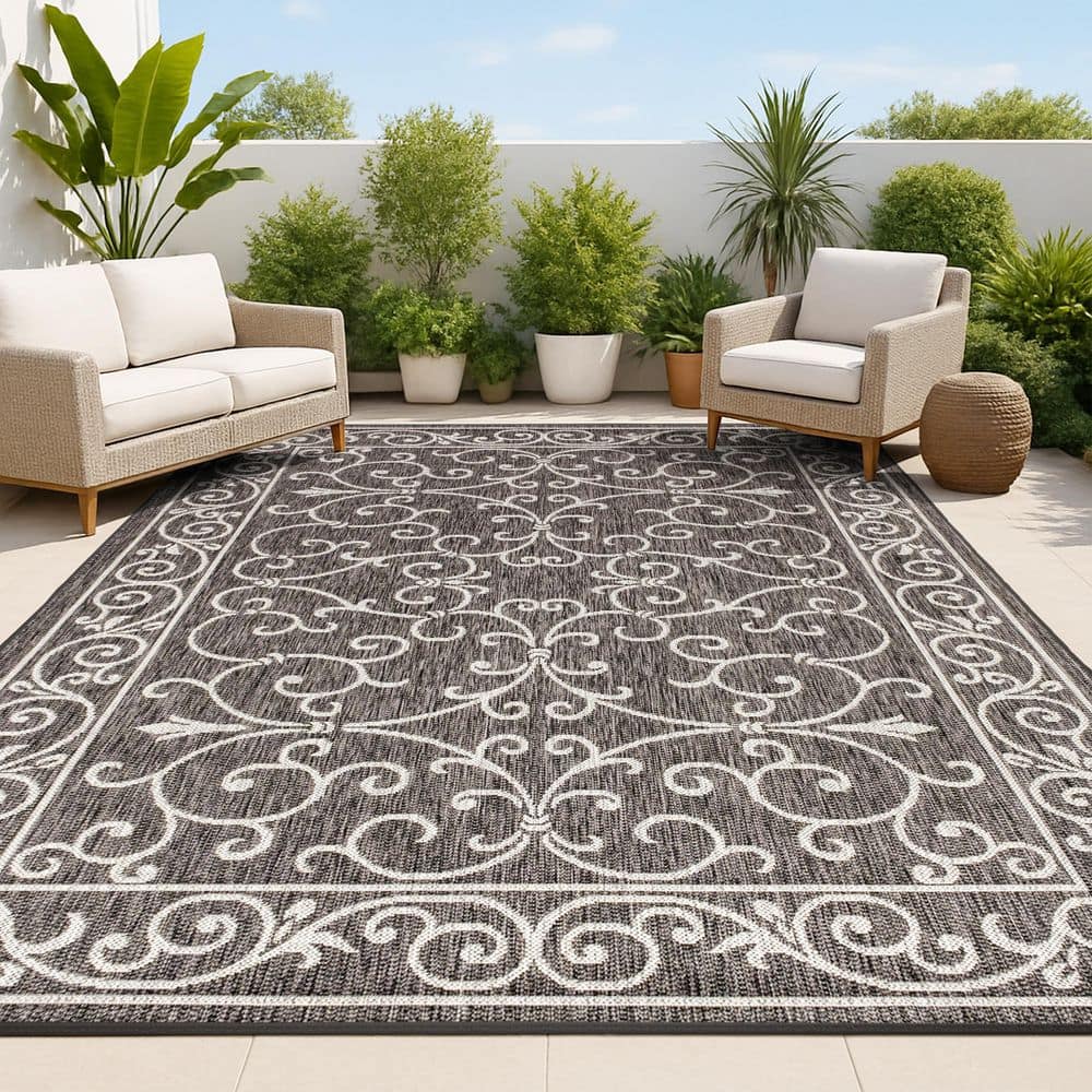 Charleston Vintage Filigree Black/Gray 7 ft. 9 in. x 10 ft. Textured Weave Indoor/Outdoor Area Rug price history on PriceWatchPro