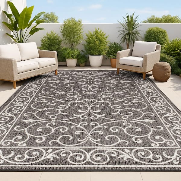 Charleston Black/Gray 9 ft. x 12 ft. Vintage Filigree Textured Weave Indoor/Outdoor Area Rug
