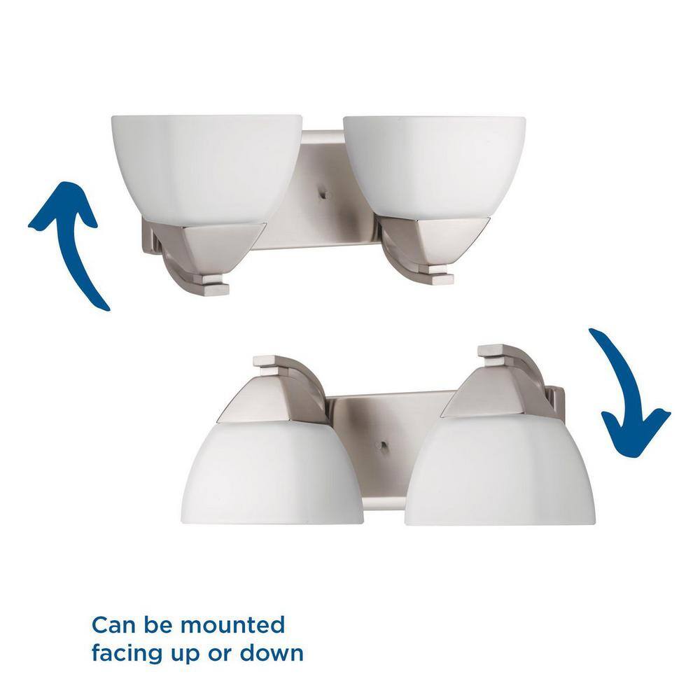 Brushed Nickel 2-Light Bath Vanity with Etched White Glass Shades