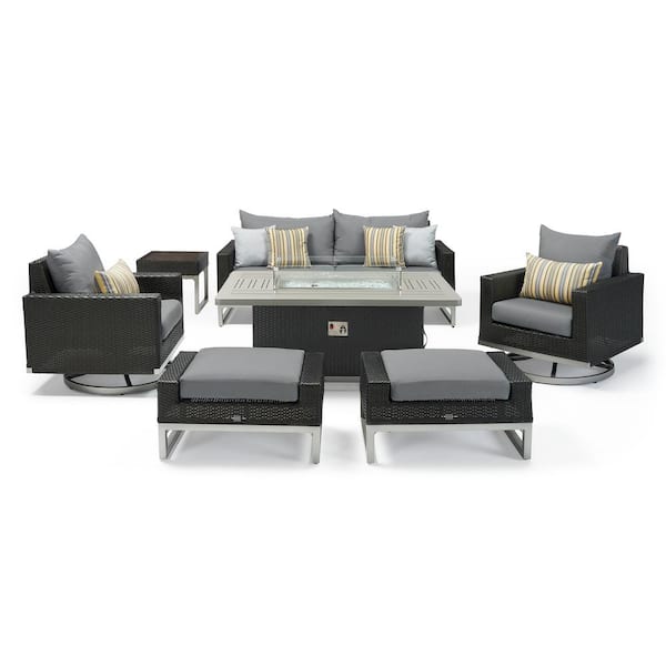 RST BRANDS Milo Espresso 7-Piece Wicker Patio Motion Fire Pit Set with Sunbrella Charcoal Gray Cushions
