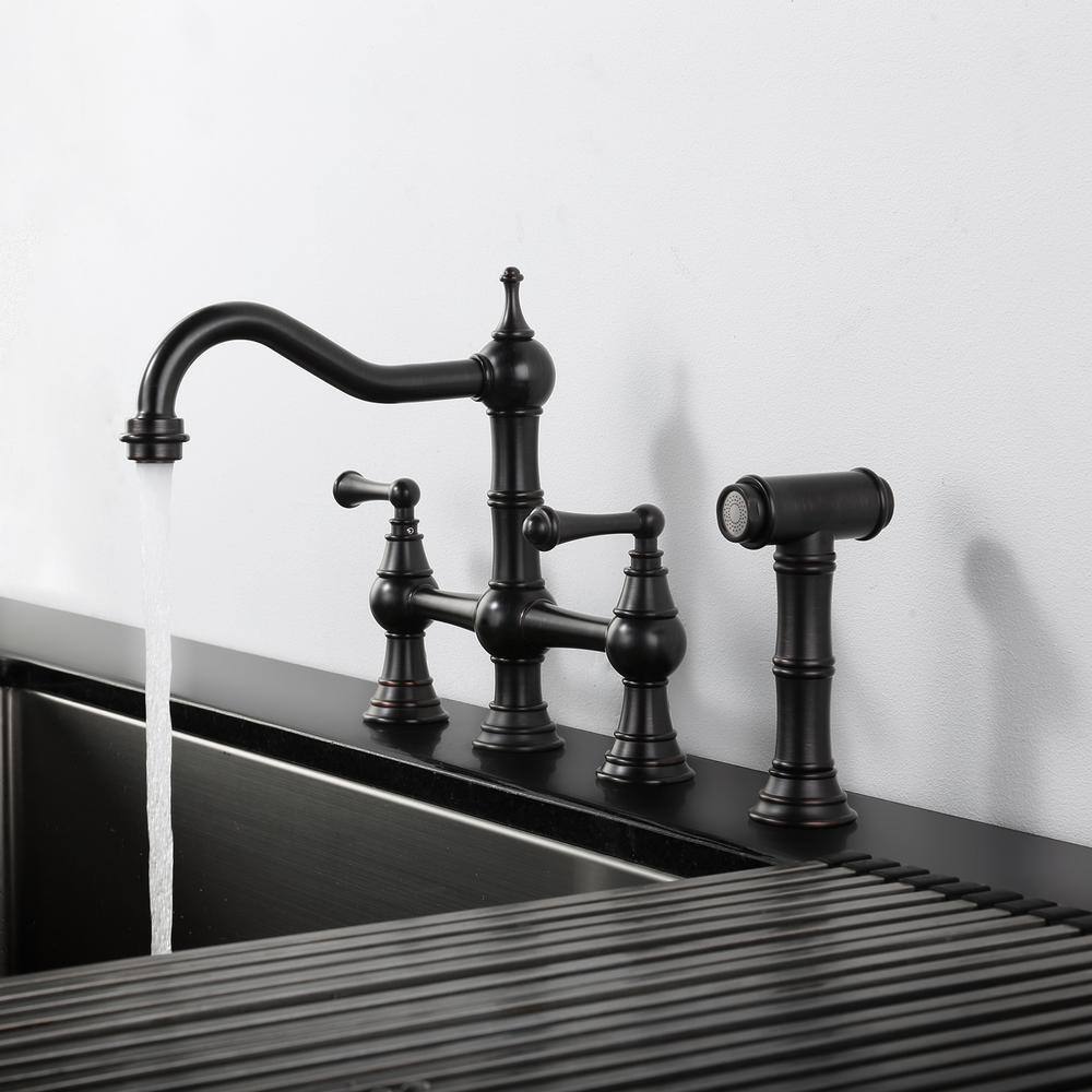 Oil Rubbed Bronze Double Handle Bridge Kitchen Faucet with Side Sprayer